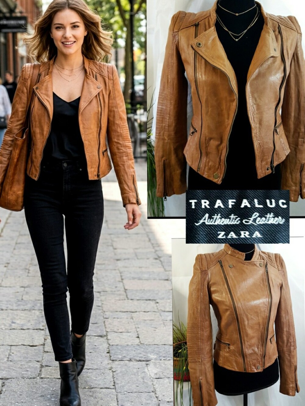 Zara Trafaluc Authentic Leather Moto Biker Jacket Cognac Tan Brown